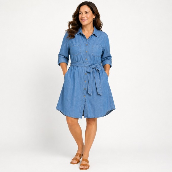Robert Louis Dresses & Skirts - Robert‎ Louis Chambray Shirt Dress XL Blue Button Front Belted Roll Tab